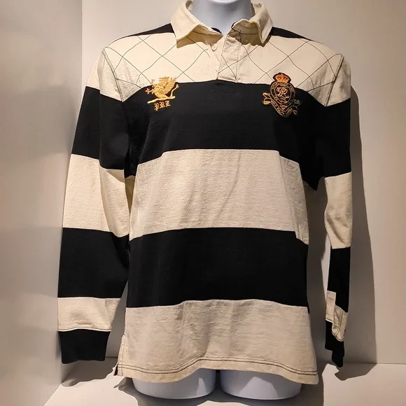 Polo Ralph Lauren vintage men's long sleeve polo shirt large black/white stripes - Picture 13 of 13